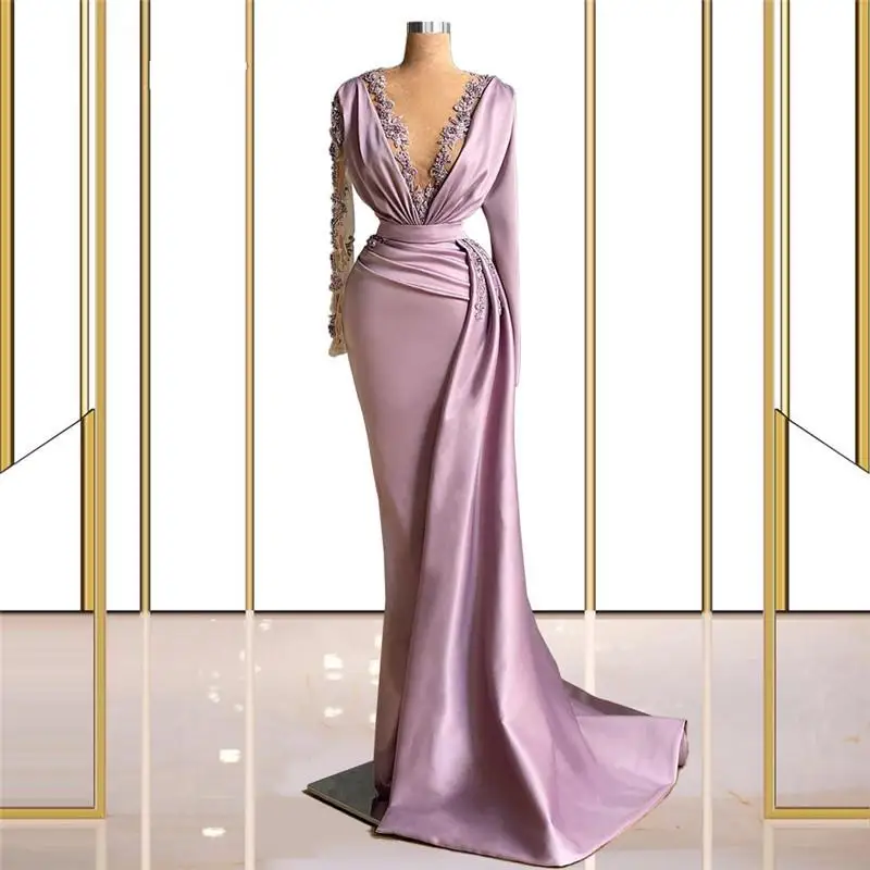 Roxo chique vestidos de noite mangas compridas com decote em v elegante feminino árabe formal vestidos de baile robe de mariée feito sob encomenda festa