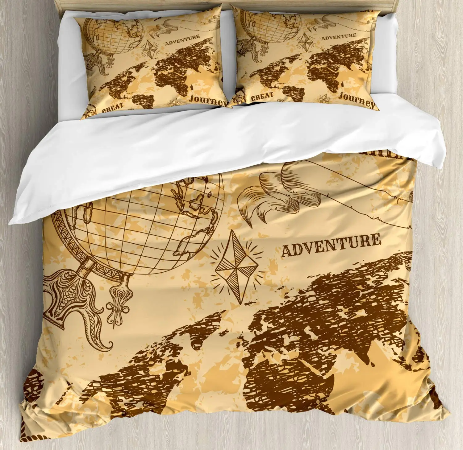 Steampunk Duvet Cover Set Pattern with Abstract World Map Rope Knots Sketch Adventure Theme 3 Piece Bedding Set Brown Orange