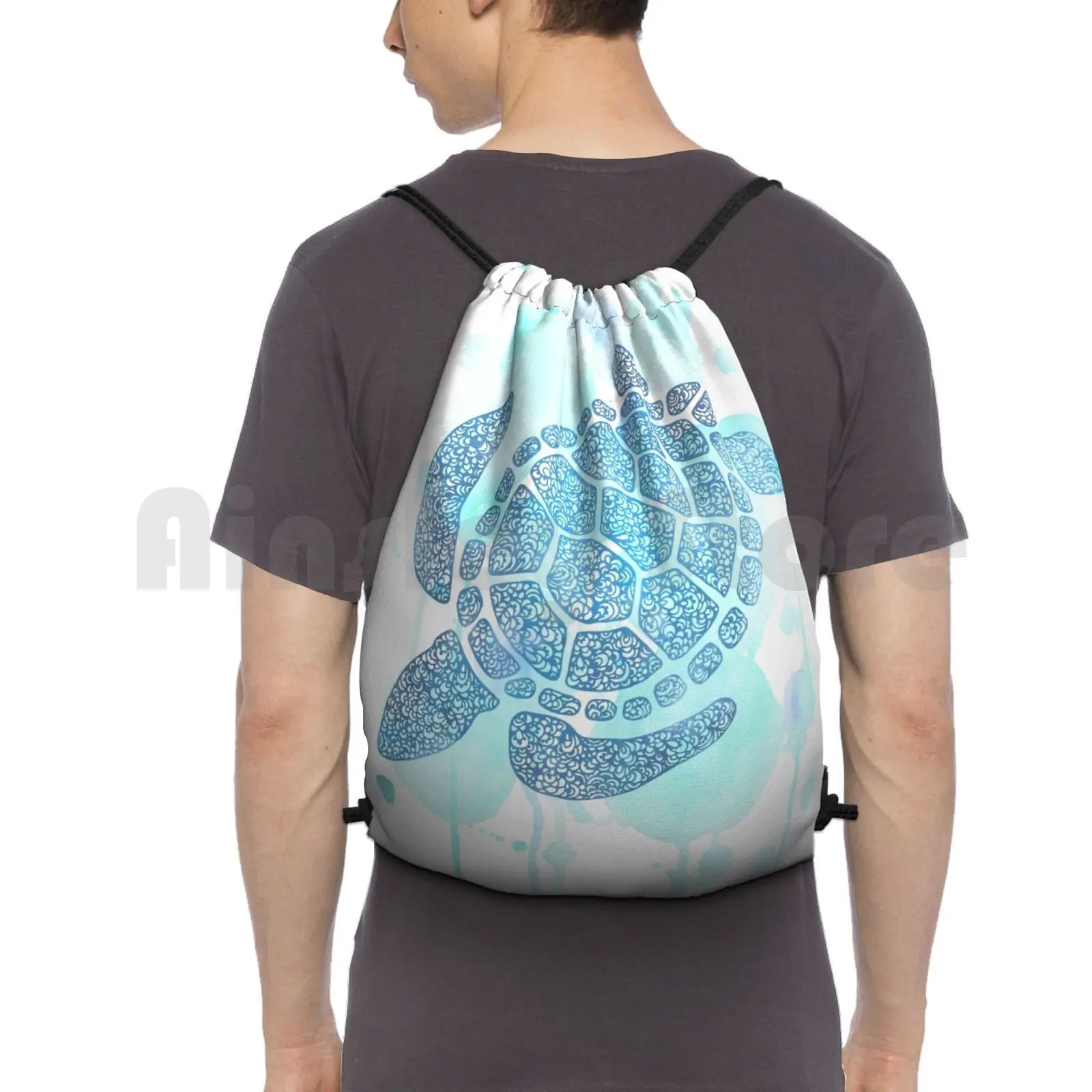 

Blue Turtle Backpack Drawstring Bag Riding Climbing Gym Bag Doodle Doodling Turtle Watercolor Watercolour Ocean Sea Water