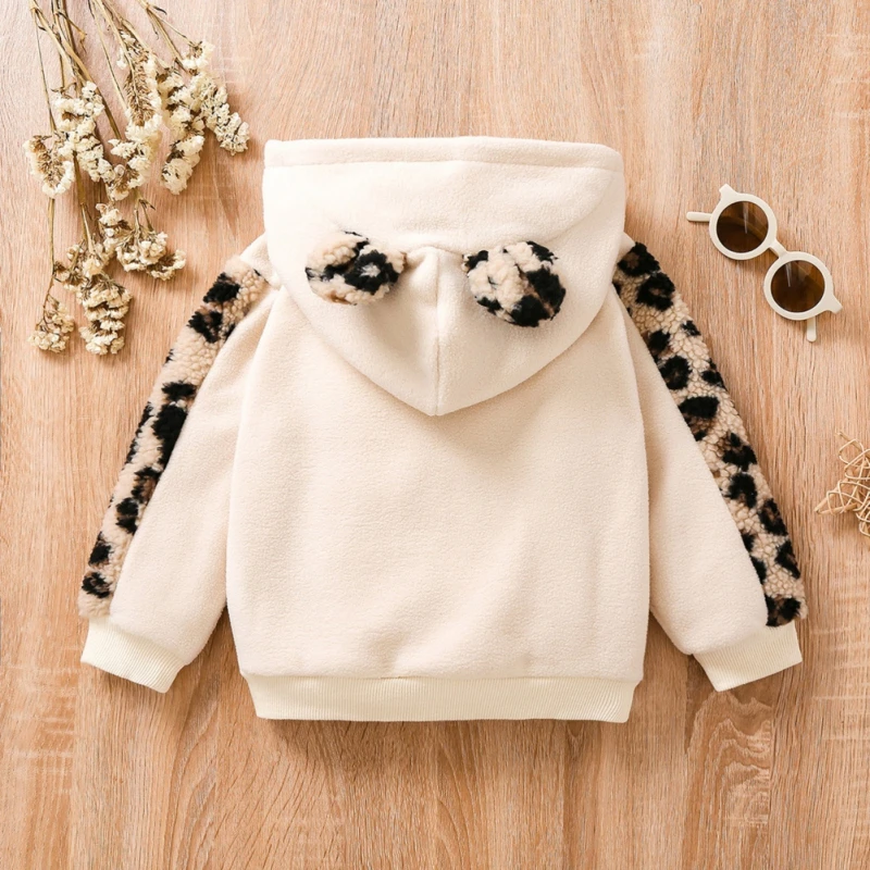 Kawaii Leopard Hoodies Kids Letter Print Sweatshirt Bear Ear Autumn Winter Warm Pullover Long Sleeve Outwear Baby Thick Hoodies