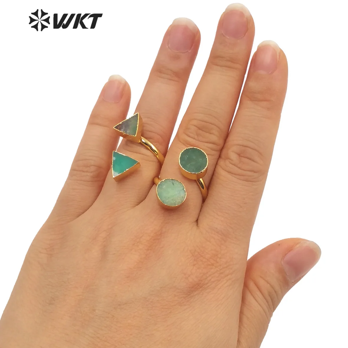 

WT-R371 Оптовая продажа: Новейшее дизайнерское кольцо с двумя камнями из хризопраза, регулируемый размер, позолоченное, устойчивое к потускнению, очаровательное украшение