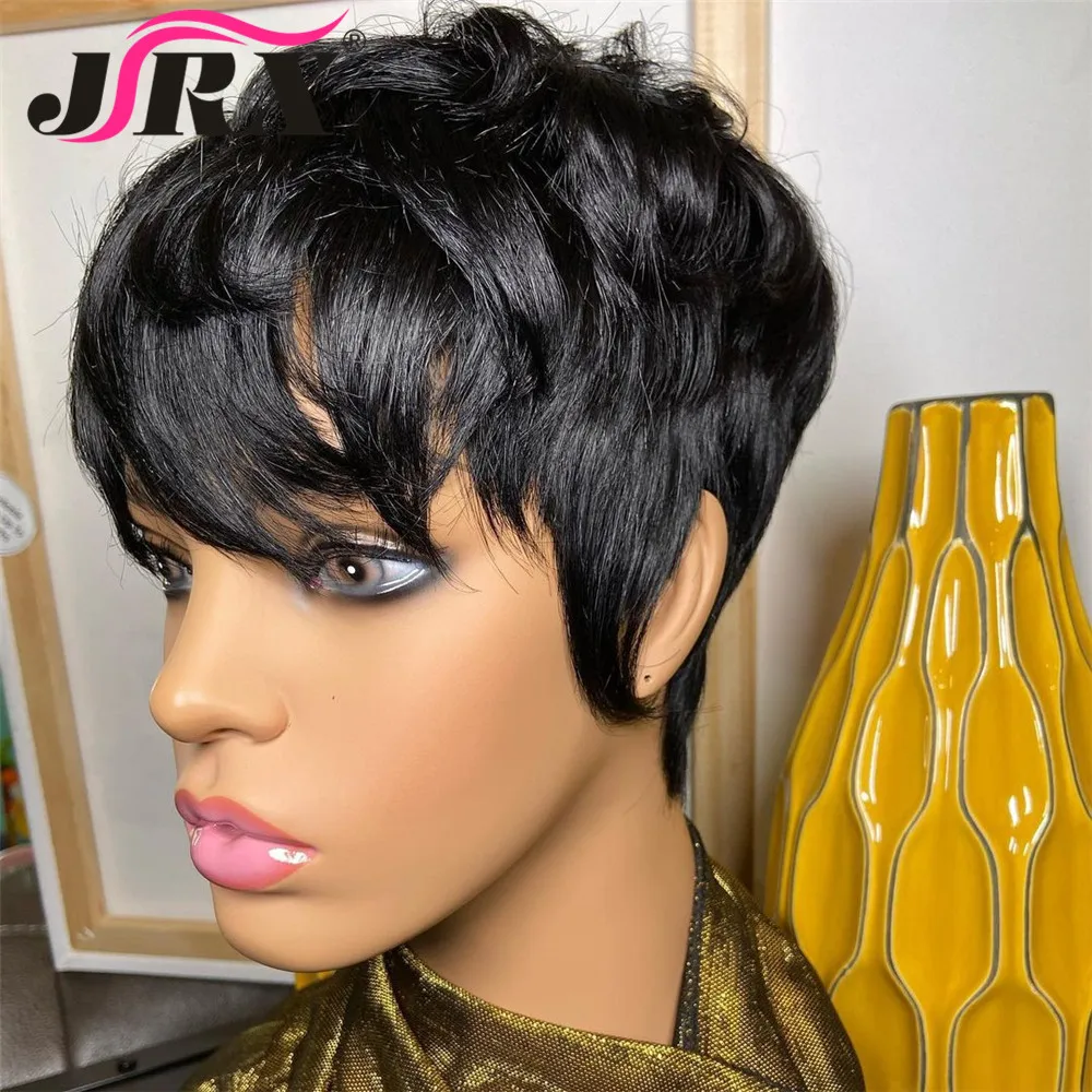 

Wave Pixie Cut Human Hair Wigs Short Wave Wavy Full Machine Made Wigs for Women Peruvian Remy Hair Black 150% Density