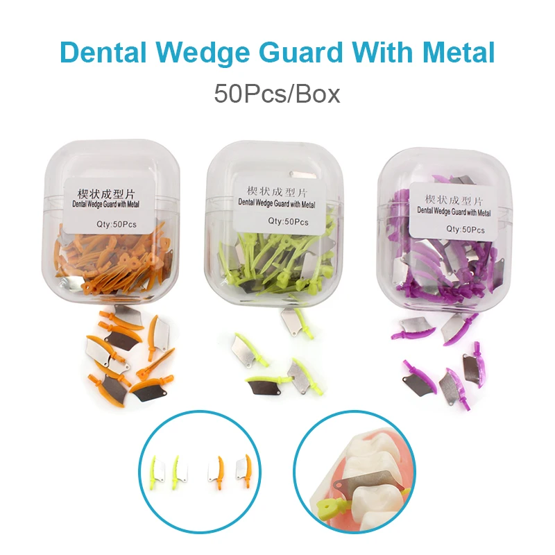 50Pcs/Pack Dental Prime Teeth Interproximal Wedge Guard With Metal Plastic Wedge Knife With Protection Dental Steel Matrix