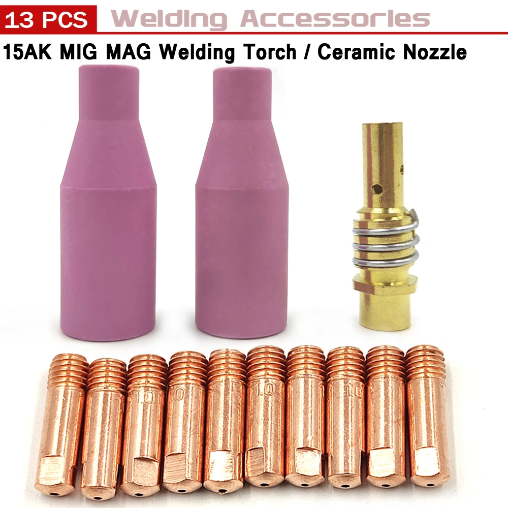 13Pcs Welding Torch MB-15AK Argon Arc Welding 0.6/0.8/0.9/1.0/1.2mm Gas Ceramic Nozzle Euro Style Contact Tip For 15AK MIG MAG