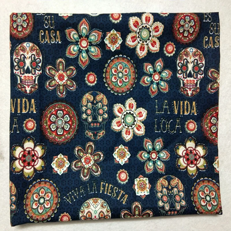 Tela de algodón con estampado de calavera y flores reales, tejido Vintage de retales para decoración del hogar, 50x105cm