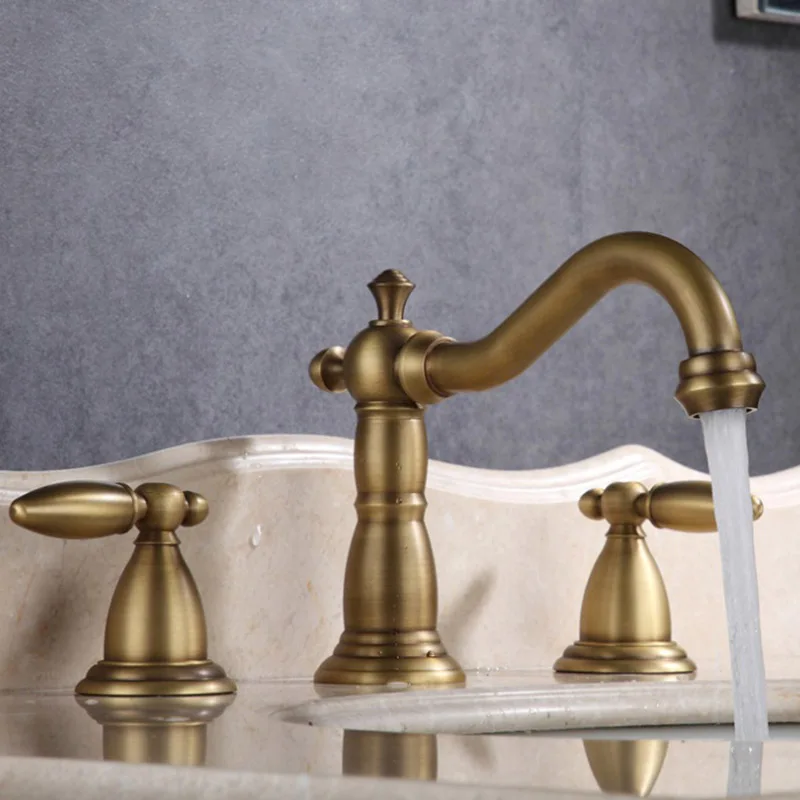 Impeu 3 Holes Basin Faucet, Bathtub Faucet Three Handles Tub Mixer Tap with Hand Shower, Antique Bronze color