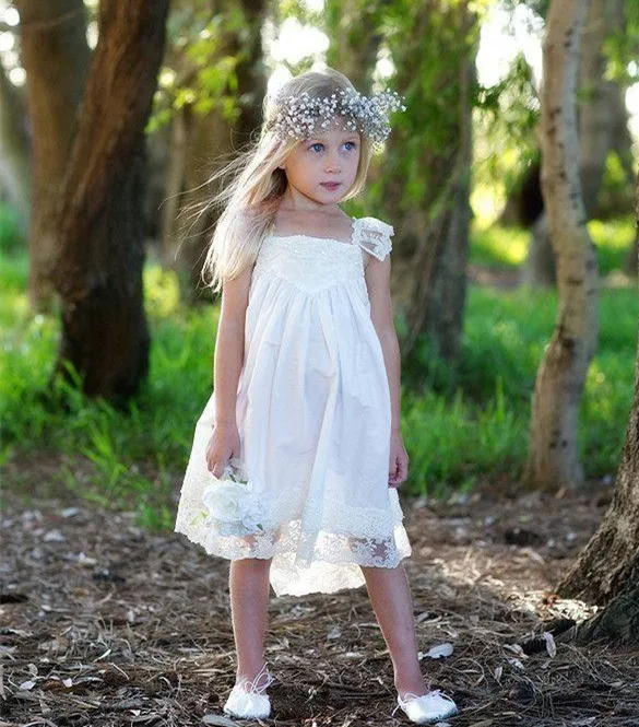 

Boho Flower Girls Dress Ivory Lace Knee Length Criss Cross Back Square Neck Country Kids Wedding Party Vestidos Communion Gown