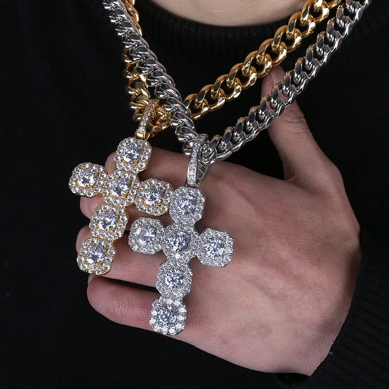 

Hip Hop Prong Setting Big CZ Stone Bling Iced Out Cross Pendants Necklace for Men Fashion Rapper Jewelry Gifts Gold Cuban Chain