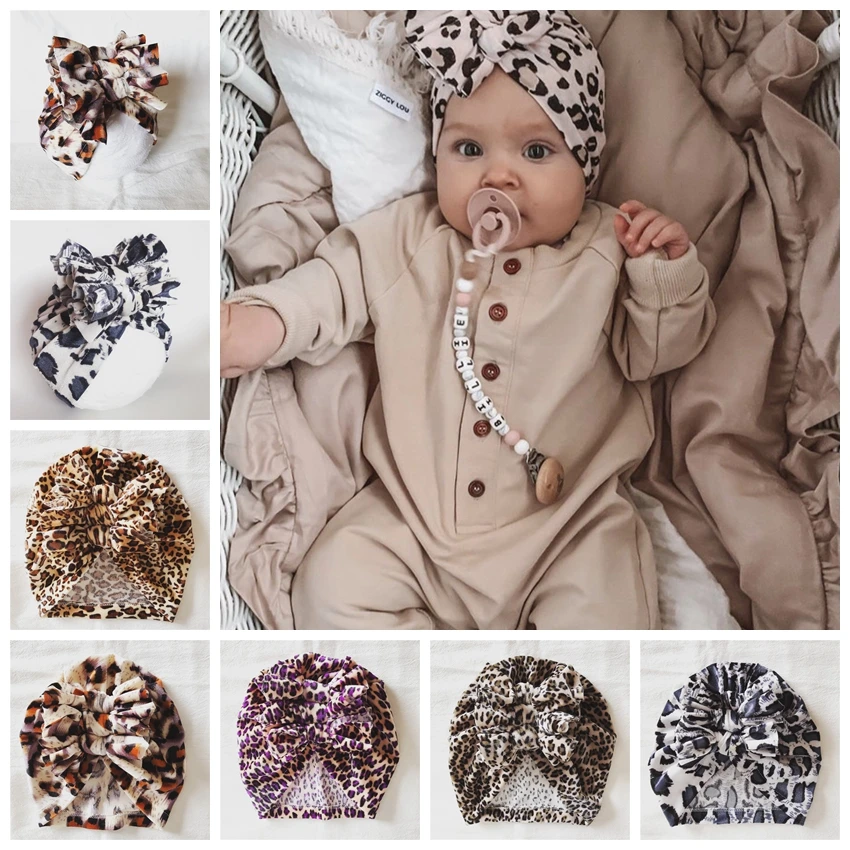 New Leopard Print Knotted Bow Hat Newborn Infant Toddler Turban Baby Girls Beanie Bonnet Cap Hair Accessories Photo Props Gifts