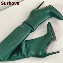 Surkova Dark Green Thin High Heel Knee Boots Pointed Toe Matte Leather Long Dress Shoes Black Sole Gladiator Party Heels Size46