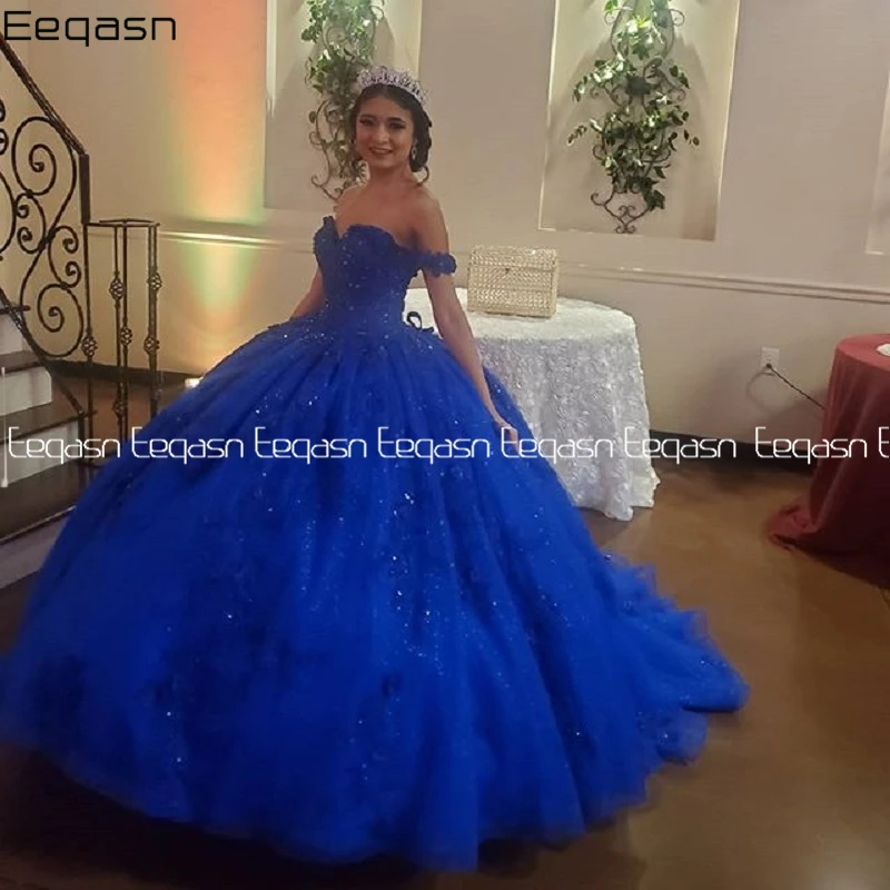 Eeqasn-vestidos de quinceañera azul real a la moda, brillantes, sin hombros, apliques de flores de encaje, vestido Formal de baile de graduación, 2021