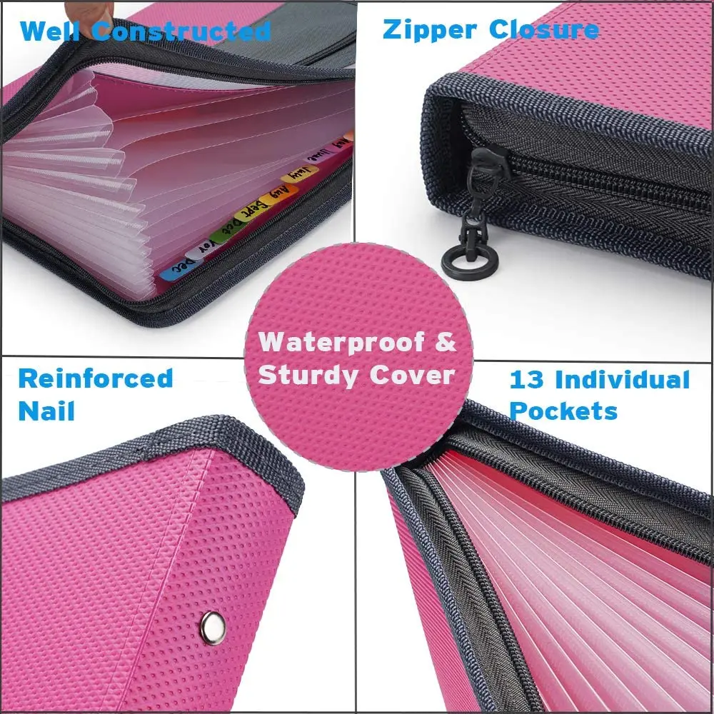 A4 Expanding File Folder with Sticky Labels,13 Pockets Accordion Document Organizer Expanding File Folder with Zipper Closure