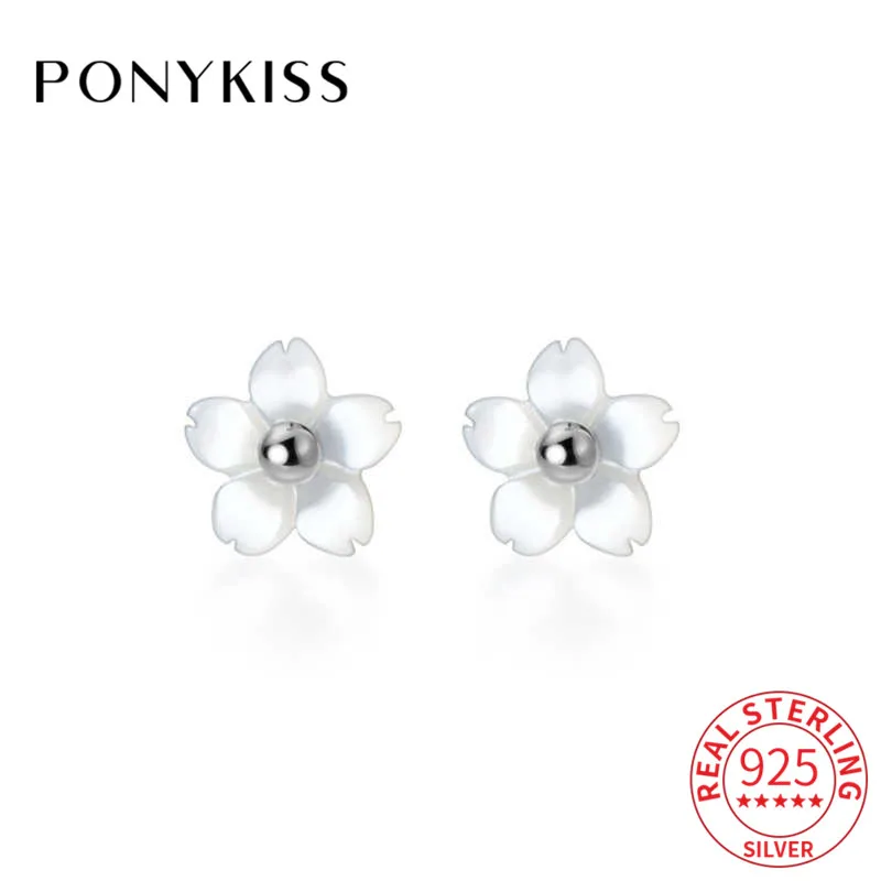 PONYKISS Genuine S925 Sterling Silver Cute White Flower Stud Earrings Women Anniversary Delicate Accessory fine Jewelry Gift