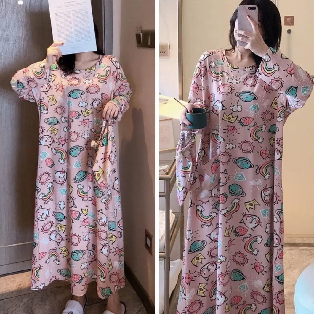 Oversize 5XL Women Nightgown Sleepwear Sweet Pink Strawberry Nightdress Modal Long Sleeve Long Home Dress Spring Autumn Dress