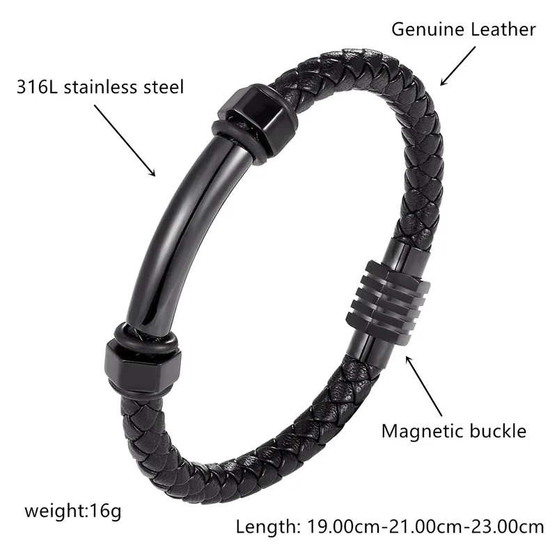 High Quality Trendy Bracelet Men Jewelry Black Braided Leather Handmade Bracelet Stainless Steel Magnetic Clasps Punk Wristband