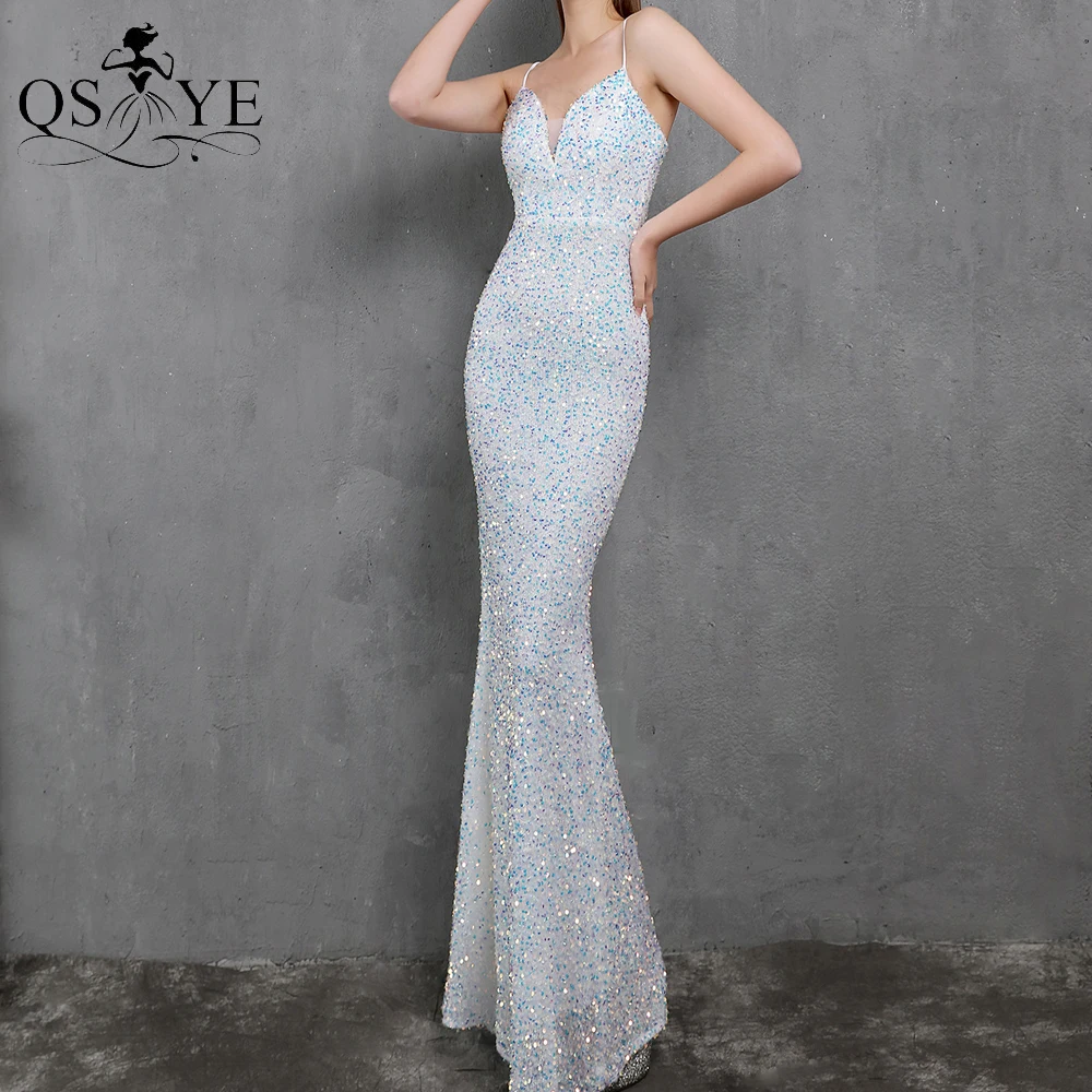 

Sparkle White Evening Dresses Sequined Mermaid Long Prom Gown Glitter Shiny V Neck Party Girl Spaghetti Straps Simple Gown