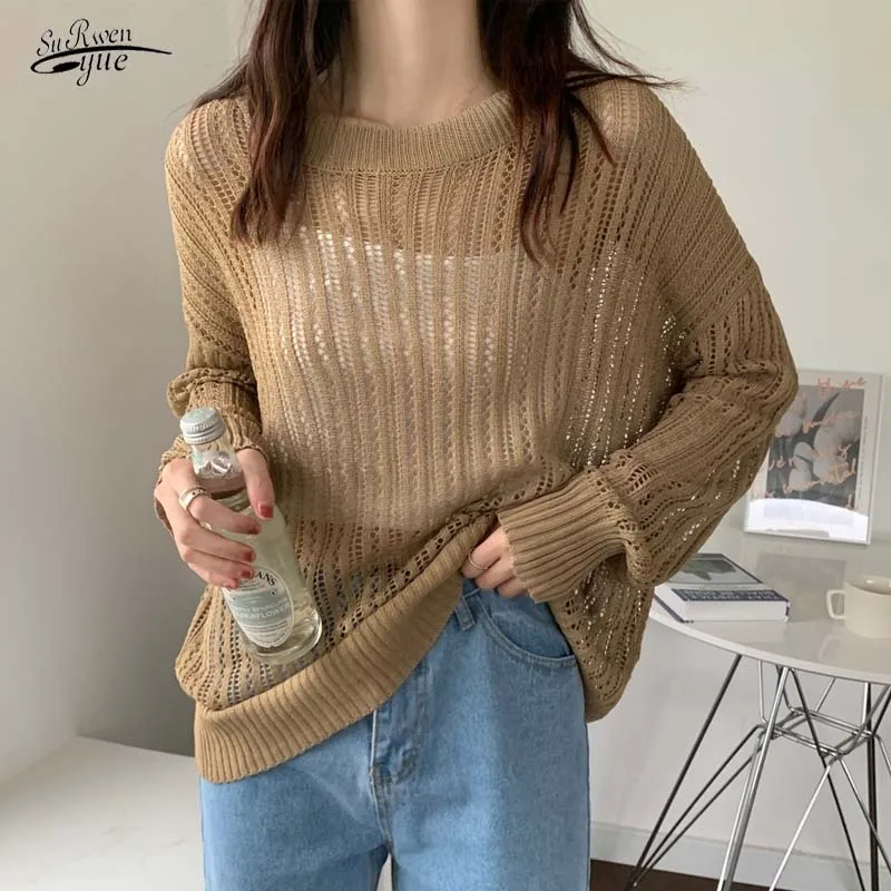 

Autumn loose long-sleeved thin sweater shirt ladies tops new Korean retro hollow sunscreen shirt female tops 15723