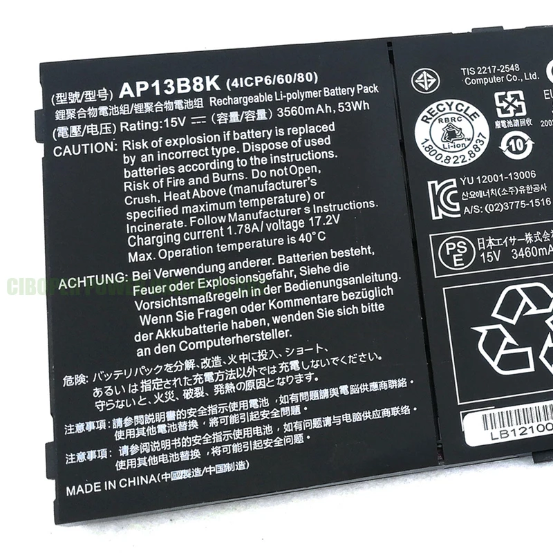 CP Laptop Battery AP13B3K 53Wh/3560mAh AP13B8K For Aspire V5 R7 V5-573G V5-572G V5-552G V5-472G V5-473G M5-583P V5-572P R7-571