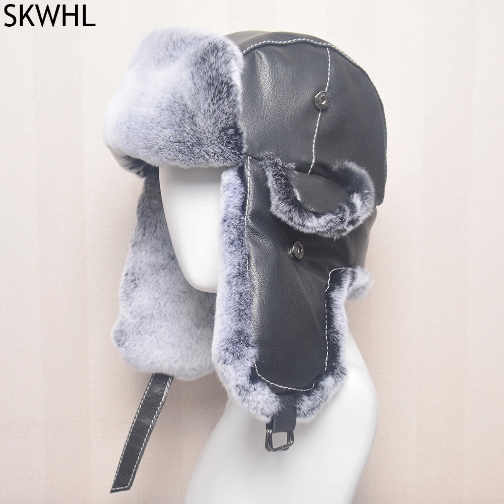 2024 New Hat Keep Warm Unisex Winter Trapper Aviator Trooper Earflap Russian Ski Hat Fur Bomber Real Rex Rabbit Fur Fashion Hats