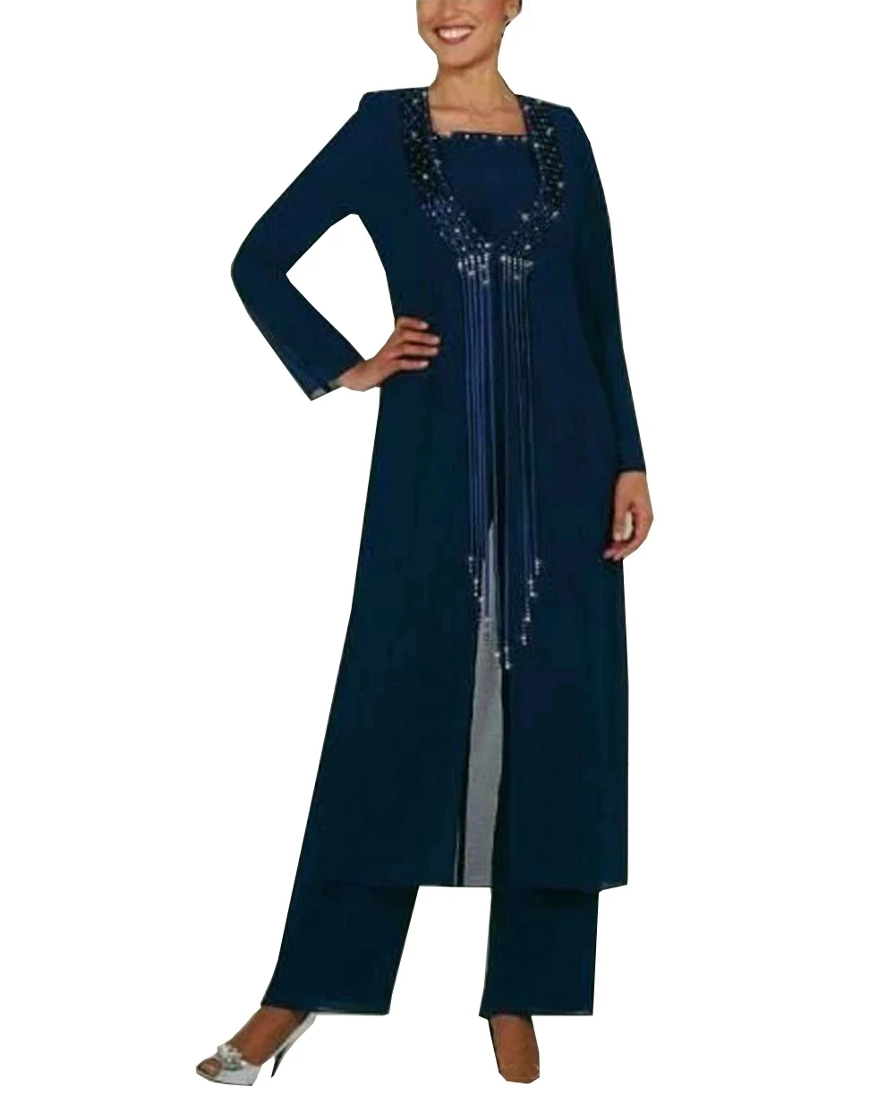 

Blue Mother Of The Bride Dresses Sheath Chiffon Beaded With Jacket Pants Suit Long Groom Mother Dresses For Weddings