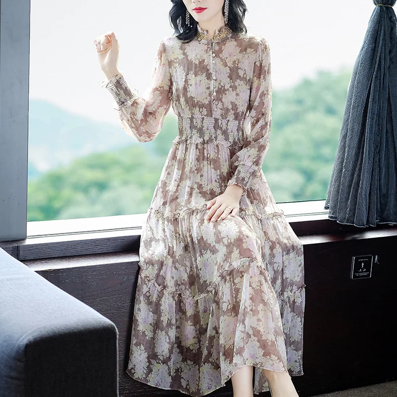 Spring Vintage Real Summer Silk Dress Women Clothes 2021 Korean Beach Boho Long Vestidos Elegant Floral Party Dress 46416