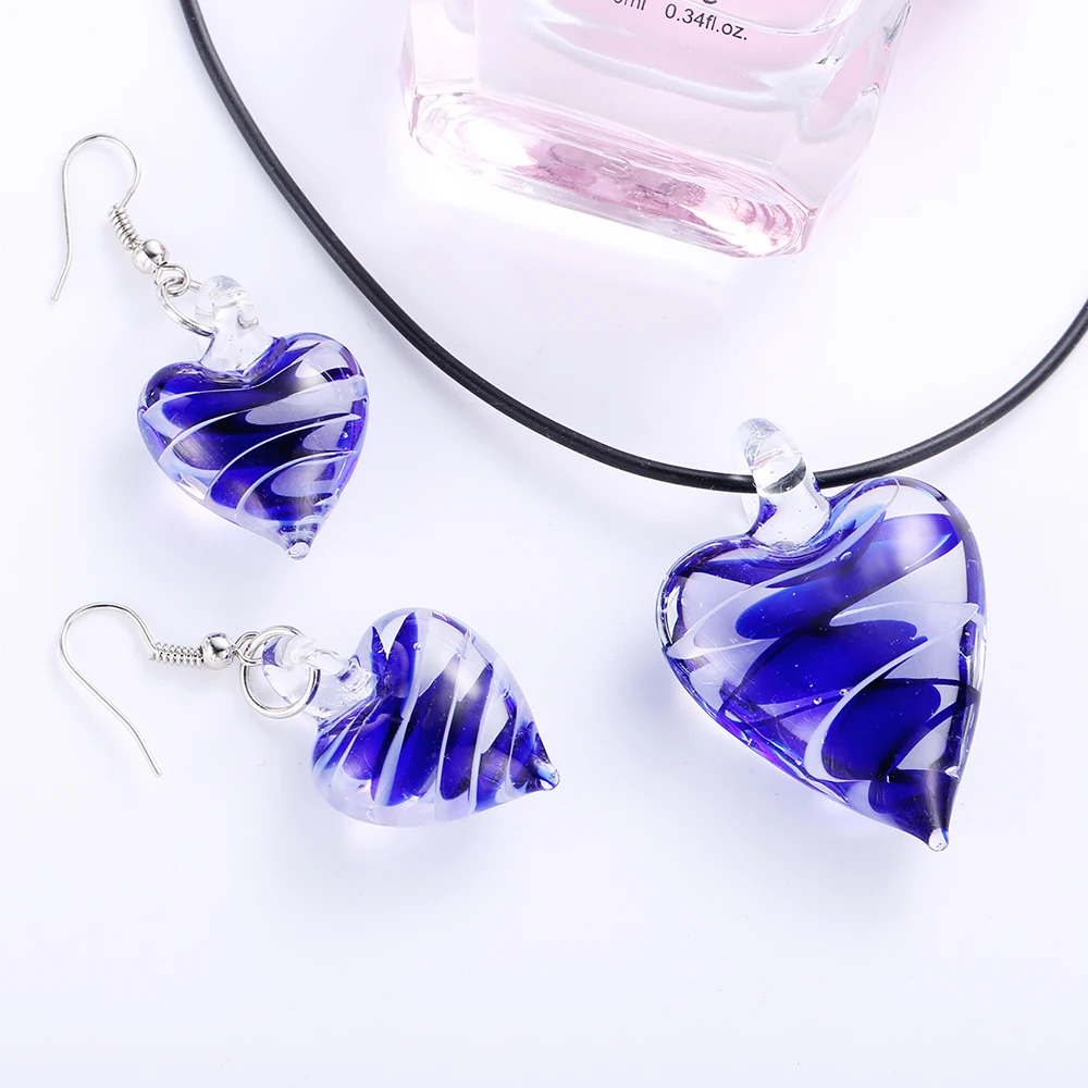 2019 HF JEL Murano Glass Blue Heart Pendant Necklace Earring Jewelry Sets for Women Girl Lampwork Fashion Jewelry Party Gift