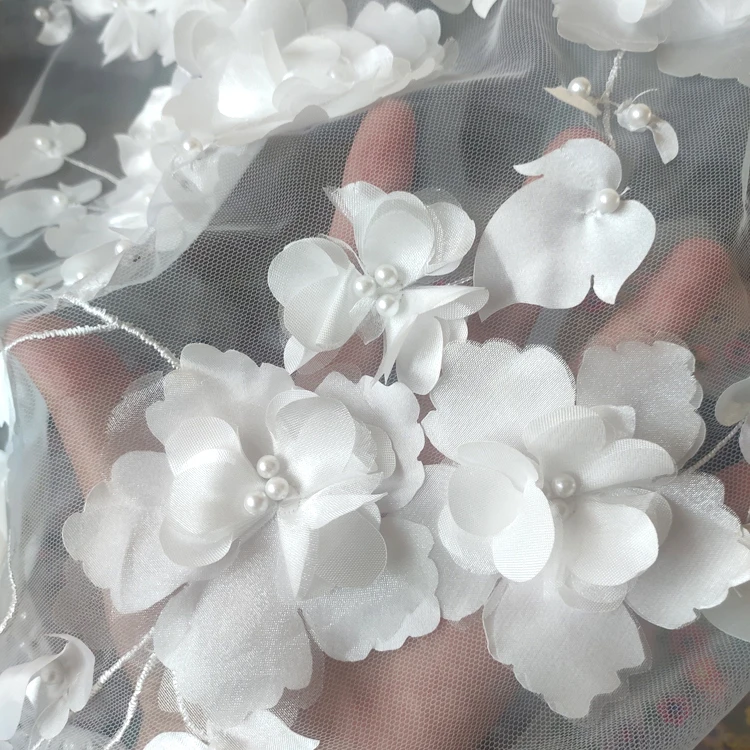 New white 3D nail bead flower skirt wedding dress fabric,High grade women\'s clothing accessories,