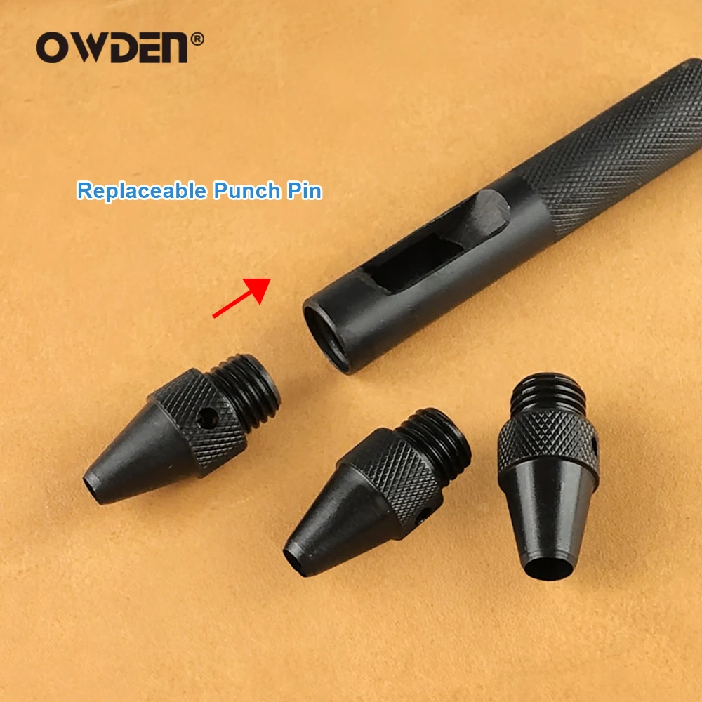 OWDEN 6 in 1 Replaceable Leather Hole Punch Set 4.8/5.0/5.5/6.4/6.8/7.8mm Belt Puncher Round Punching Leather Tools for Punching