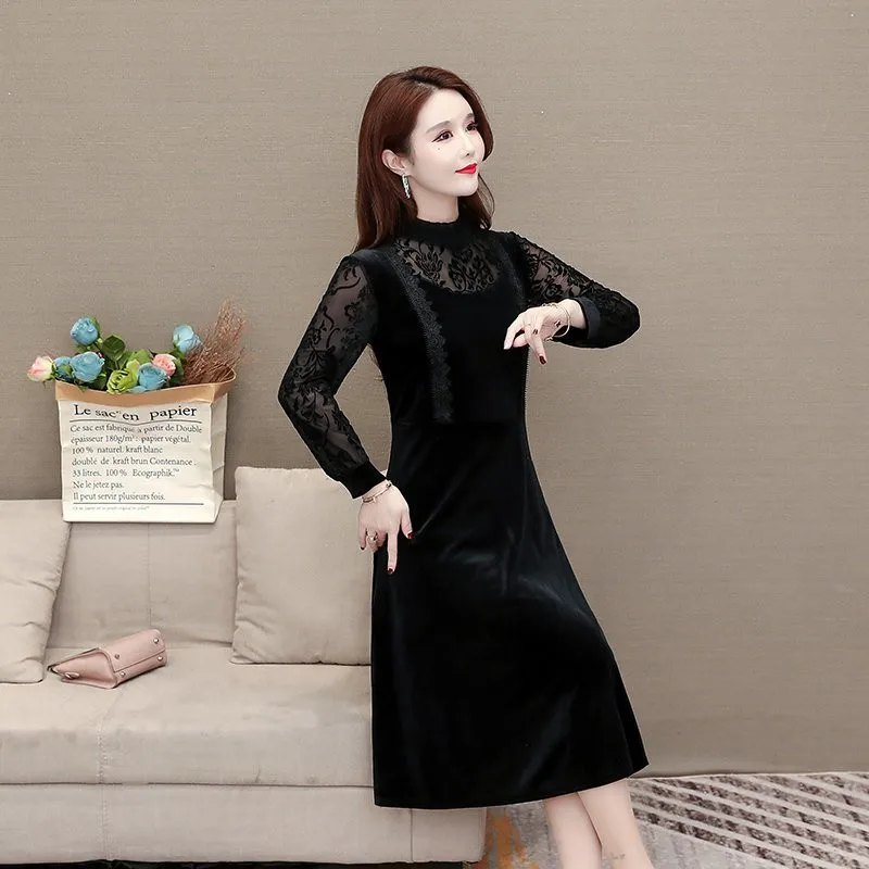 Retro Palace Style Hollow Out Black Velour Dress Office Lady Sexy Slim Elegant OL Work Wear NEW Chic abito lungo da donna a vita alta