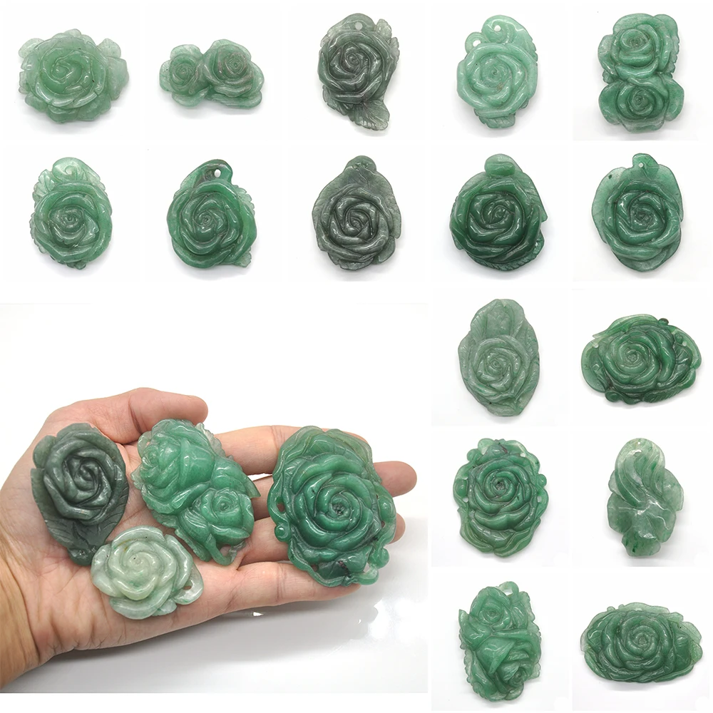 Green Aventurine Roses Pendants Natural Hand Carved Flowers Crystal Reiki Healing Necklace Jewelry Accessories Diy Craft