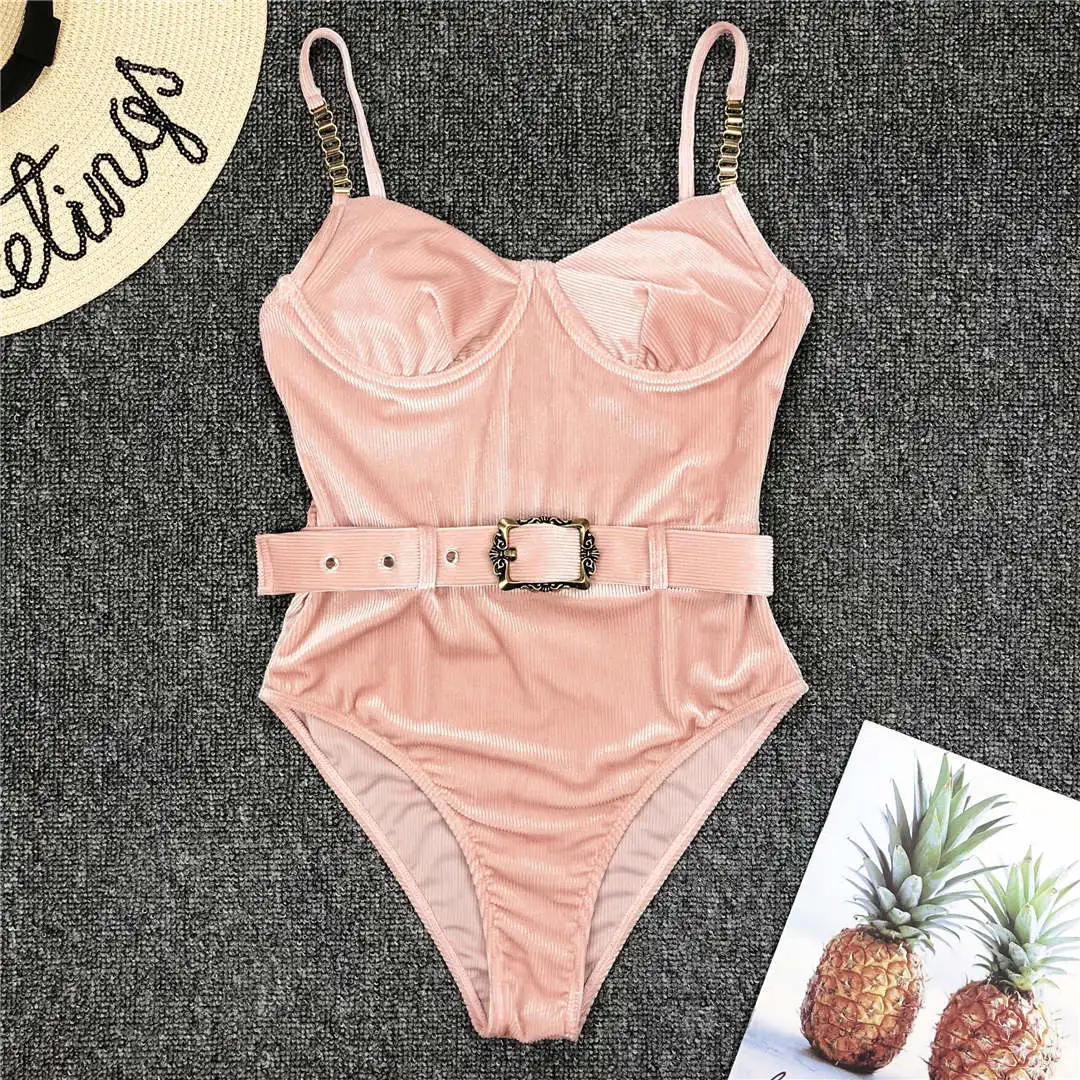 New 2024 Push up Underwired Metal Chain Women Swimwear One Piece Swimsuit Female Waist Belt Monokini Bather Ribbed Bathing Suit