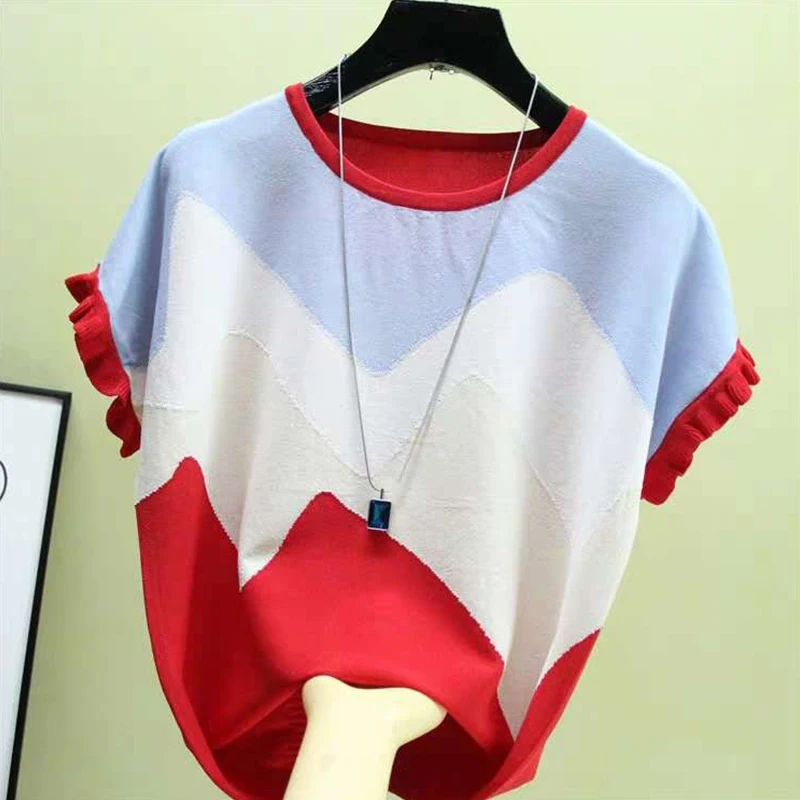 shintimes Thin T Shirt Women Knitted Stitching Color Tee Shirt Femme Summer Loose Tops Woman Short Sleeve Casual T Shirts Female