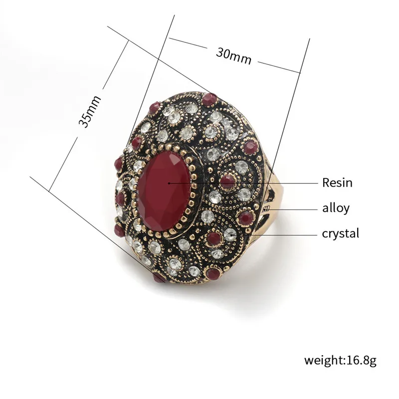 Vintage Luxury Red Stone Big Rings for Women Jewelry Crystal Golden Wedding Rings Female Black Zircon Ring Women Lady Party Ring