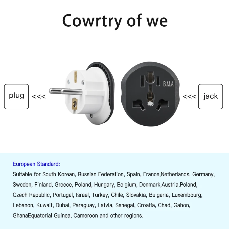 Herepow Universal Plug Converter FR AU US UK To EU Travel Adapter High Quality Home Plug Adapter 16A 250V Wall Electric Socket