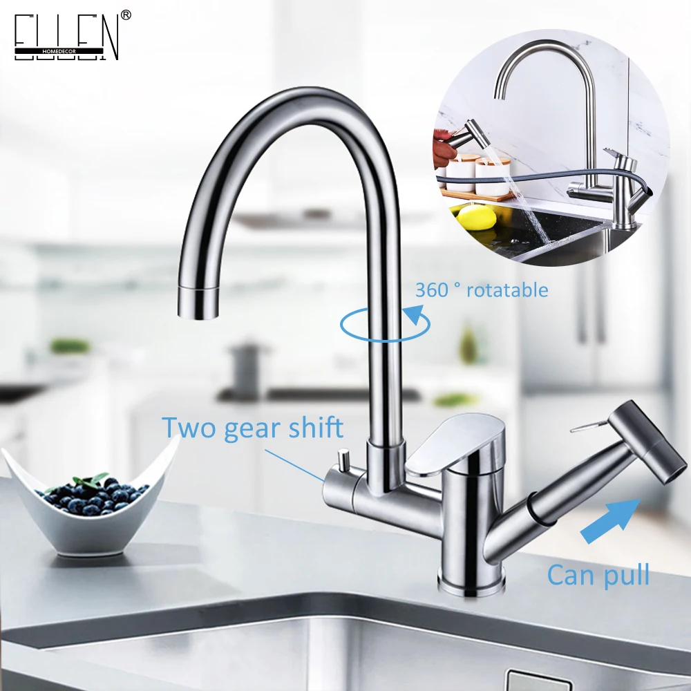 ELLEN Pull Out Kitchen Sink Faucets Hot Cold Water Mixer Crane Stainless Steel with Spray Gun Kitchen Tap ELK690