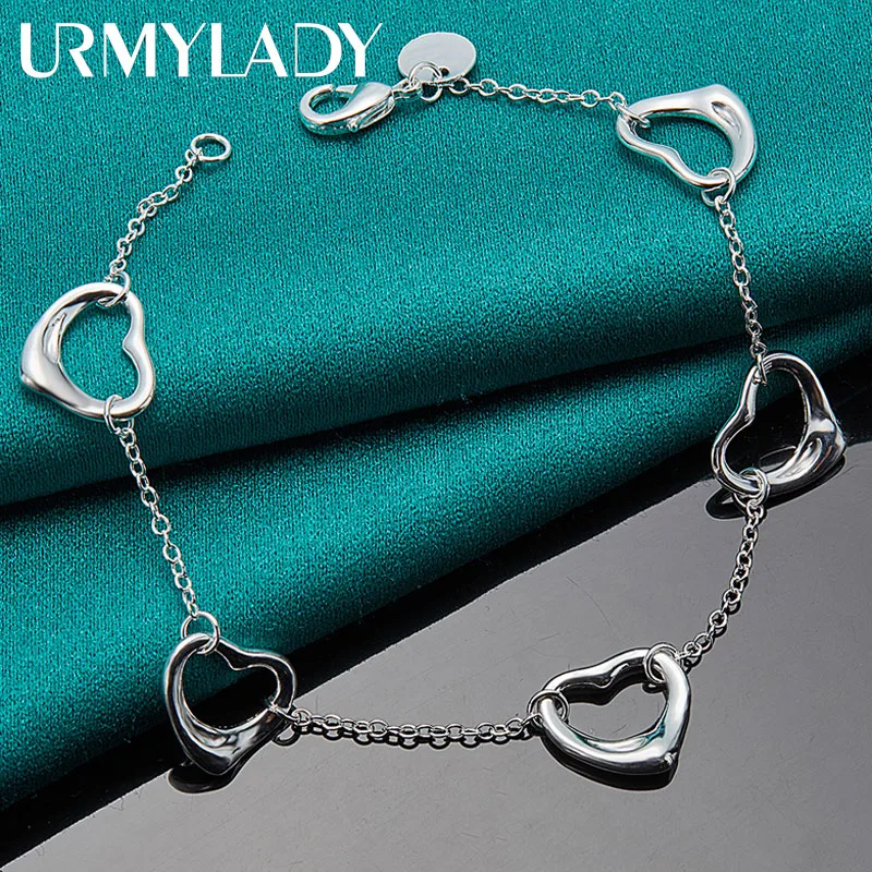 

URMYLADY 925 Sterling Silver Five Love Heart Bracelet For Women Wedding Party Fashion Charm Jewelry