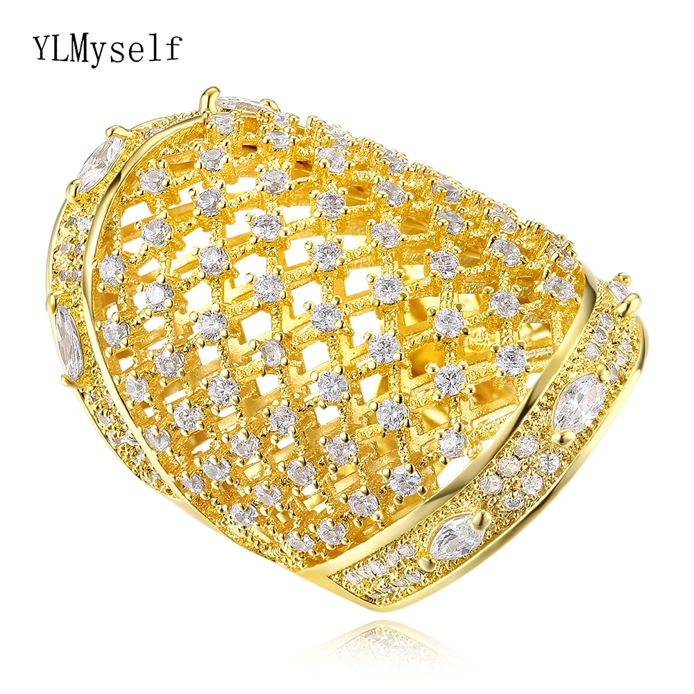 

Big Statement Ring for Women – White & Gold Color, AAA Cubic Zirconia Pave, Elegant Fashion Jewelry