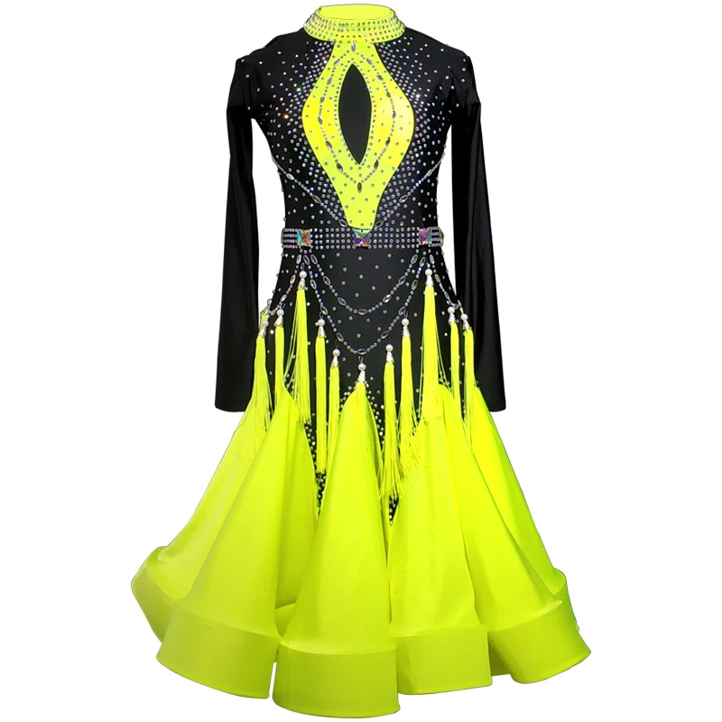 2021 Fluorescent Yellow Latin Dance Competition Dress Women Long Sleeves Rhinestone Fringe Dance Wear Girls Latin Dress BL6930