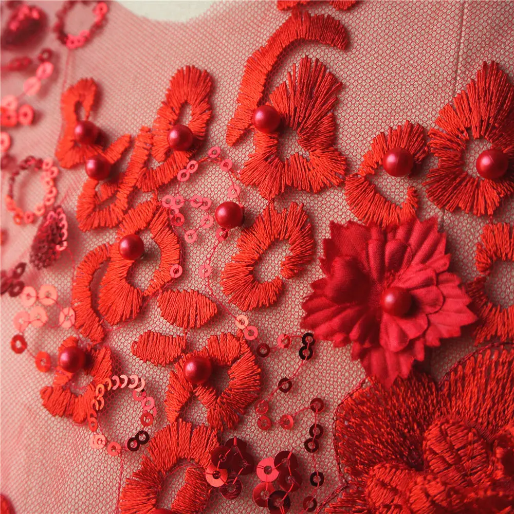 Red Lace Fabric 3D Flowers Beads Sequins Appliques Embroidery Mesh Sew Patch For Wedding Evening Dress Decoration DIY