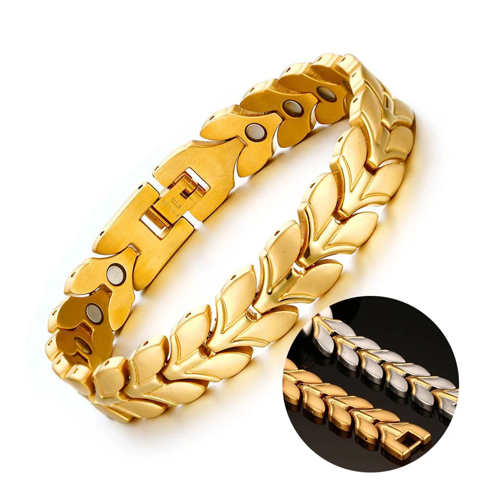 Vinterly Gold-color Magnetic Bracelet Men Stainless Steel Wheat Chain Link Bracelet Health Energy Charm Bracelets for Men Women