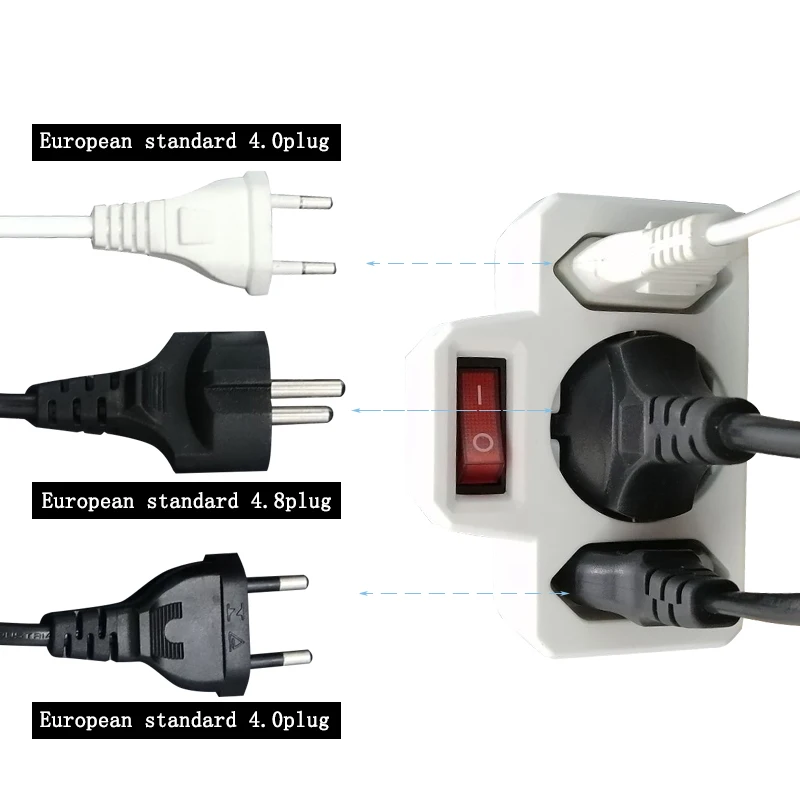 Tomada de tomada europeia 1 a 3 maneiras divisor 4.0mm/4.8mm soquete para 4.8mm plug euro rússia alemanha coreia viagem adaptador de alimentação plug