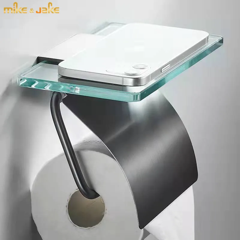 Toilet roll paper rack Nordic new gunmetal toilet paper rack bathroom glass shelf toilet tempered glass mobile phone rack