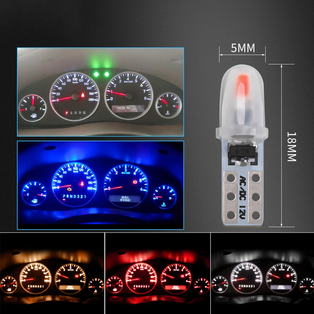 10PCS T5 74 W1.2W W3W Super Bright LED Bulbs Auto Wedge Dashboard Gauge Lamp Car Warning Indicator Instrument Cluster Light