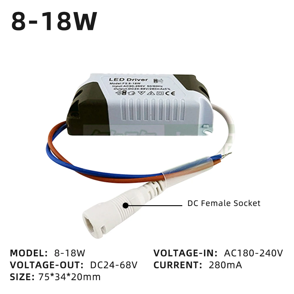 280mA Constant Current DC LED Drivers 8-18W 8-24W LED Power Supplies AC90-240V Electronic Transformer DC Female Socket LED Lamp