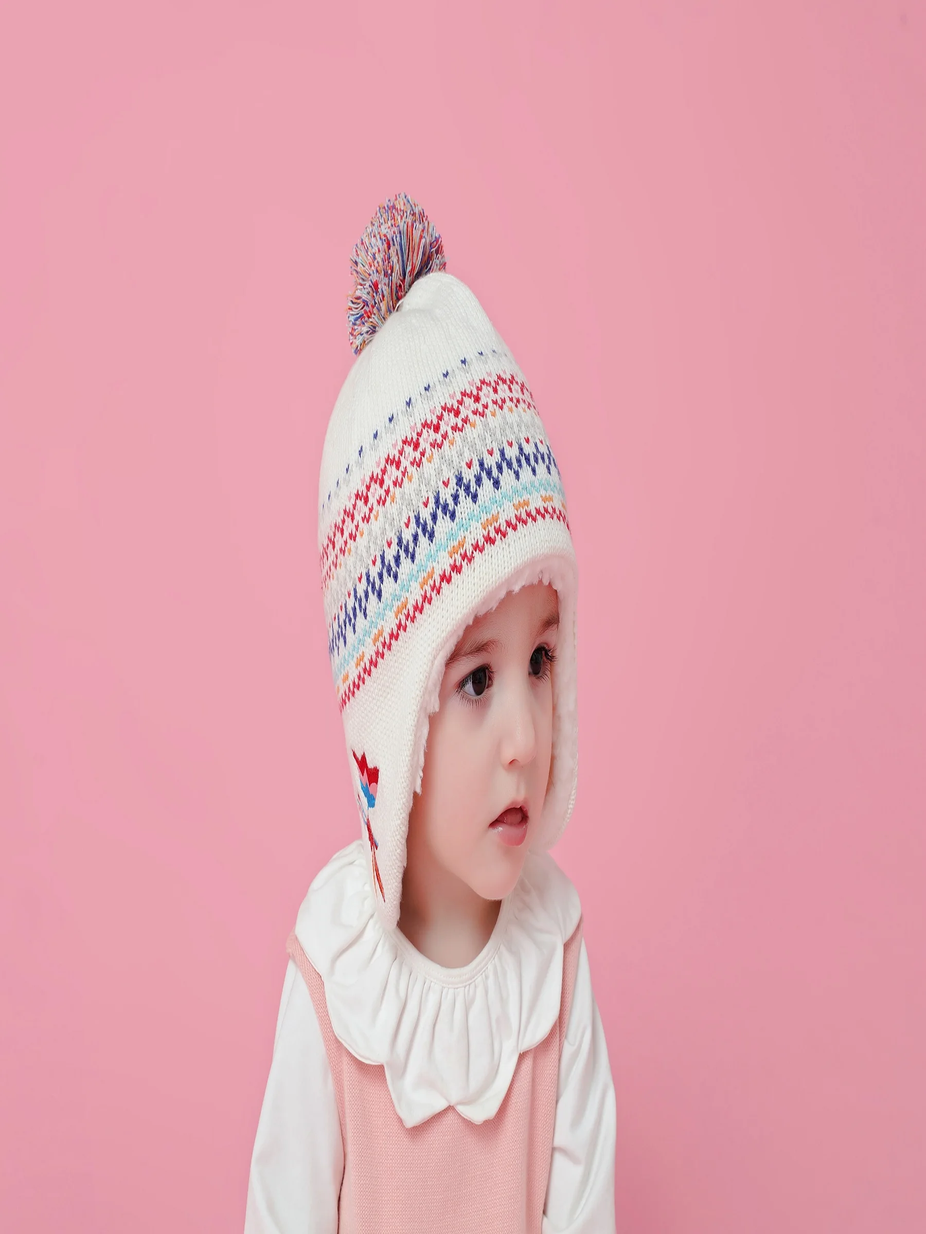 Connectyle Toddler Infant Kids Thick Warm Cotton Cute Jacquard White Winter Hat Sherpa Lined Knit Hat Earflap Skull Cap With Pom