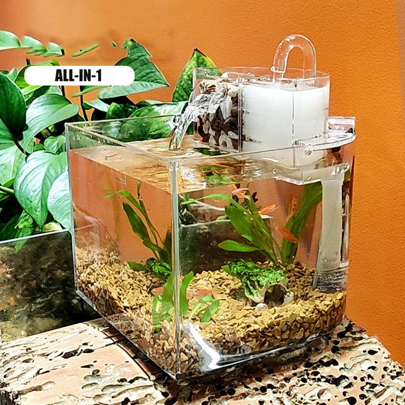 Acrylic Mini Fish Tank Small Ecological Landscape Betta Tropical Fish Aquarium Tanks Water Filtration Home Office Decor Gifts