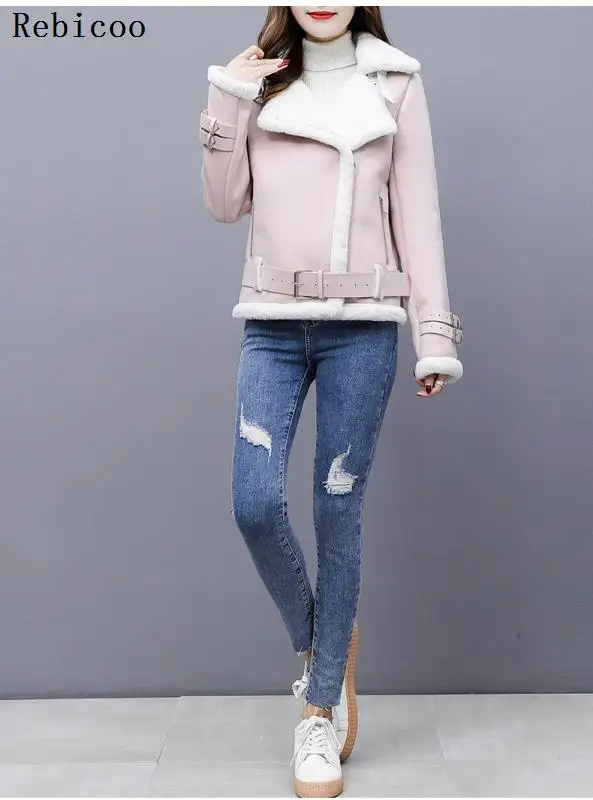 Winter Warm Thick Suede Jacket Women Motorcycle Zipper Suede Leather Coat Female Shearling Overcoat