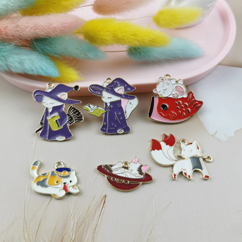 10pcs/pack Witch Cats Fox Enamel Metal Charms Funny Cartoon Animals Earrings Pendants Fit DIY Fashion Jewelry Making Accessory