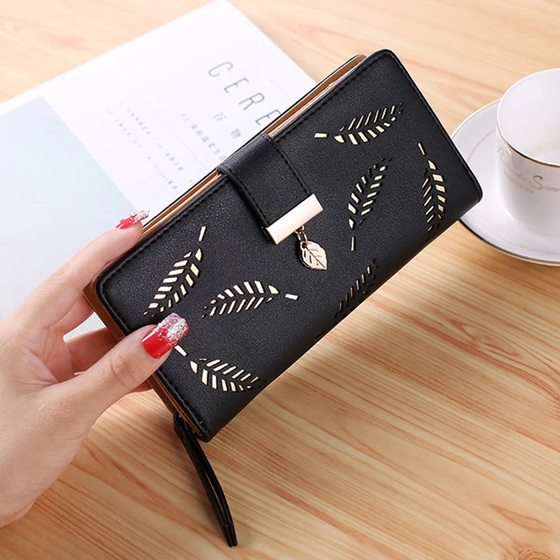 Many Departments PU Leather Long Wallet for Women Lady Purse High Quality Female Wallets Card Holder Clutch Hollow Out Leaves image 2