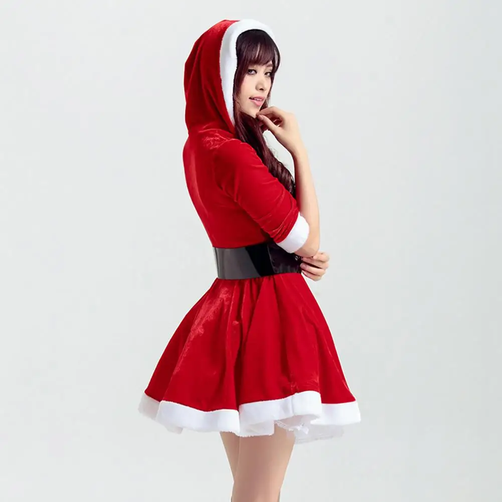 Christmas Hooded Dress With Belt Sexy Women's Christmas Costume Santa Costume Short Sleeve Plush Warm Hooded Fancy Pleated Dress